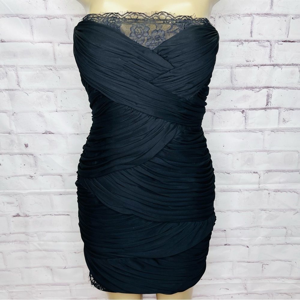 Black Strapless Ruched Lace-Trim Bodycon Dress